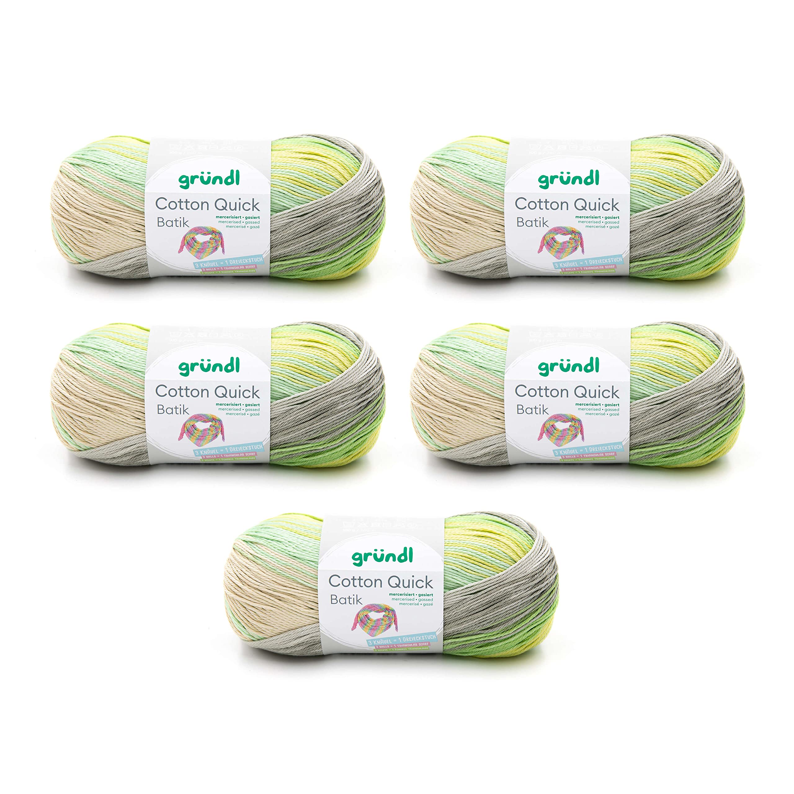Gründl Wool Cotton Quick Batik, Thin Wool for Crocheting with Colour Gradient, Knitting Yarn, Shiny and Skin-Friendly, 100% Cotton, 5 Balls 100 g / 260 m, Needle Size 3-4, Natural Turquoise-Green