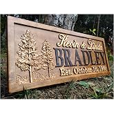 Personalized Couples Gift Rustic Wedding Name Sign Wood Cabin Wall Art | Family Last Name, Lakehouse Hunting Lodge Cabin Decor, Tree Carved 5 Year Anniversary