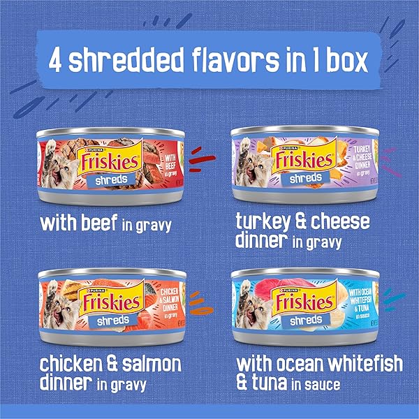 PURINA FRISKIES WET CAT FOOD VARIETY PACK, SHREDS WITH BEEF, TURKEY AND CHEESE DINNER, CHICKEN AND SALMON DINNER, AND WITH OCEAN WHITEFISH AND TUNA – (PACK OF 40) 5.5 OZ. CANS