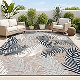 JONATHAN Y Tropical Palm Indoor Outdoor Area Rug 4X6 Brown/Navy/Ivory, Montego High-Low for Backyard, Patio, Porch, Easy-Clea