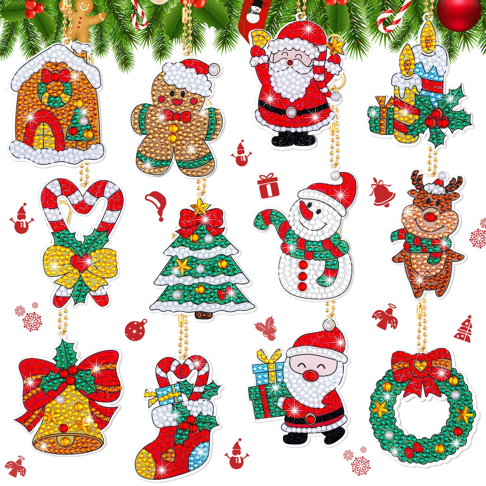 Photo 1 of 12 Pieces Christmas Diamond Painting Keychain 5D DIY Diamond Painting Kit Christmas Hanging Art Kits Ornaments for Kids Crafts Family Decor