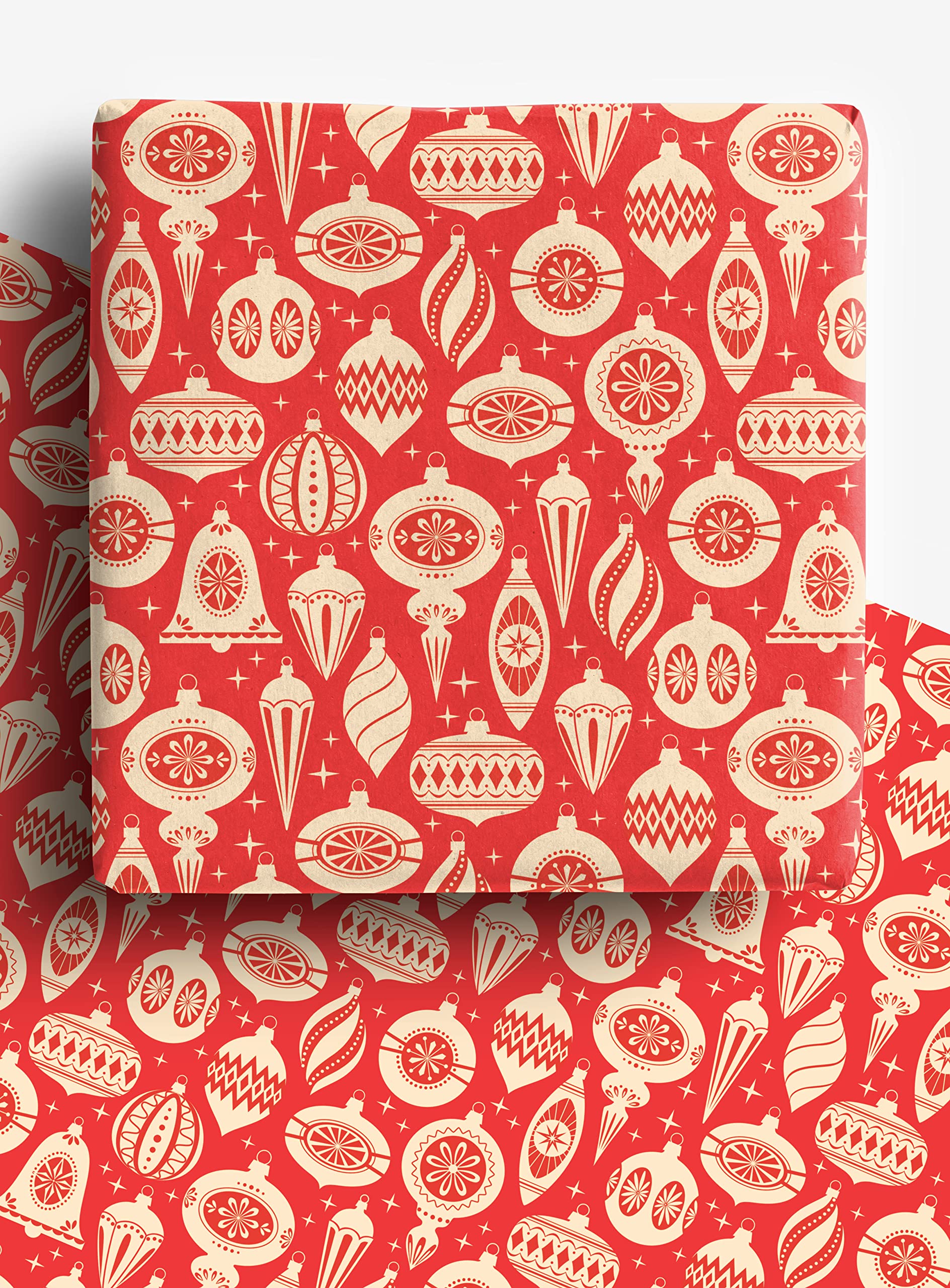 4 x Red Eco Christmas Wrapping Paper Sheets - 100% Recycled & Recyclable Vintage Xmas Ornament Gift Wrap 70cm x 50cm each sheet