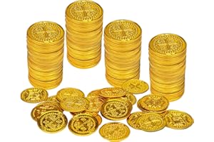 LVYOUIF 100 PCS Pirate Gold Coins Plastic Play Treasure Coins Golden Toy Coins St.Patrick's Coin for Pirate Party Pirate Tokens Coins Toy for Kids Treasure Hunt Game Round Treasure