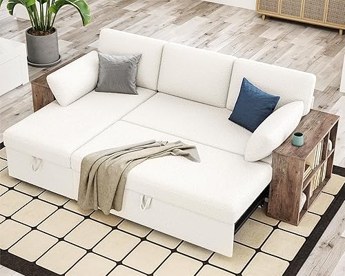 AMERLIFE Sleeper Sofa, Pull Out Sofa Bed with Cabinet Armrest, L