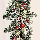 Kurala 6 FT Christmas Garland, Battery Operated 8 Lighting Modes, Lighted Christmas Garland with 40 LEDs, Pine Cones, Red Berries, Jingle Bells