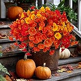 AXYLEX Artificial Fall Flowers Outdoor Fake Mums - 16 Bundles Fake Plants UV Resistant No Fade Faux Plastic Greenery Garden Morning Glory Home Decor (1, MixedFall 4 Colors)