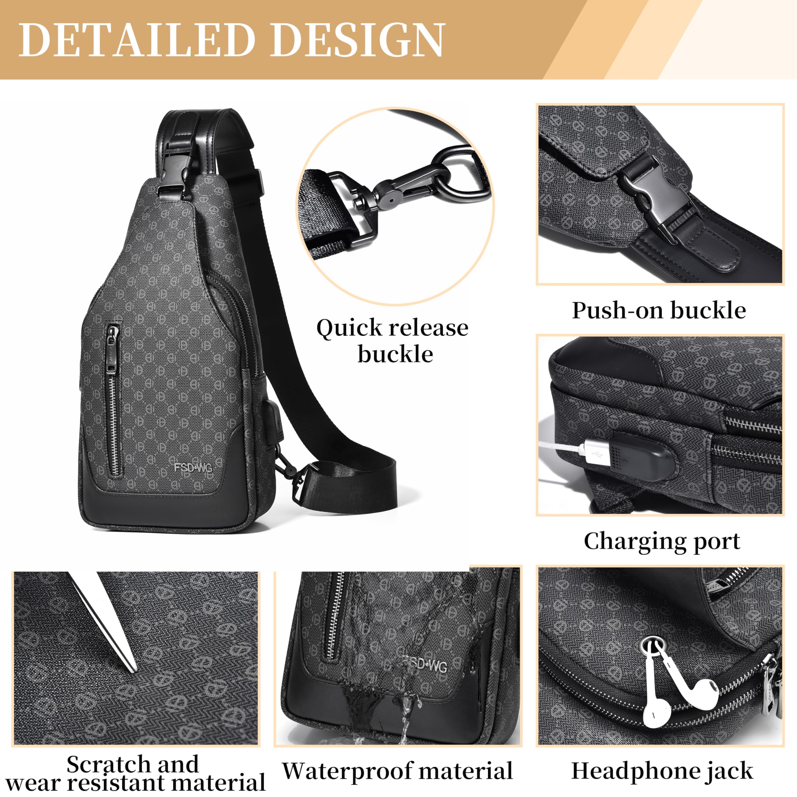 FSD WG Herren-Rucksack mit Umhängegurt – Brusttasche mit Umhängegurt, Umhängetasche für Reisen, Wandern, wasserabweisend, Schwarz , L 4