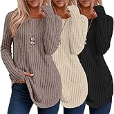 Riyiper 3 Pack Women's Long Sleeve Sweaters with Thumb Hole, Tunic Tops Ribbed Curved Hem Side Split Crew Neck Loose Shirts
