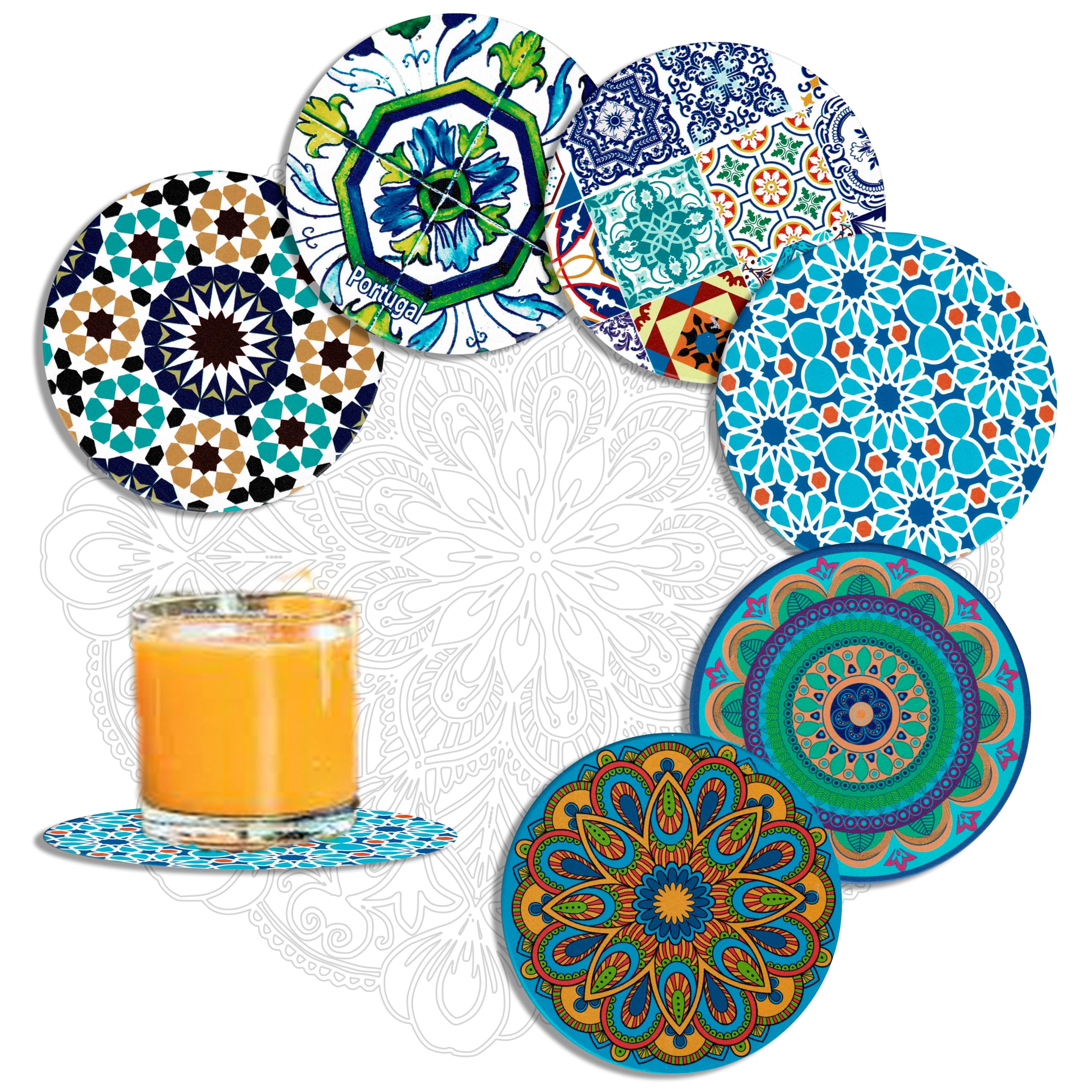 MALANGI Drink Coasters Set of 6 - Ceramic Turkish Coasters - Absorbent Giftable Coaster - Non-Scratch Top & Non-Slip Cork Base (Style 8 Without stand)