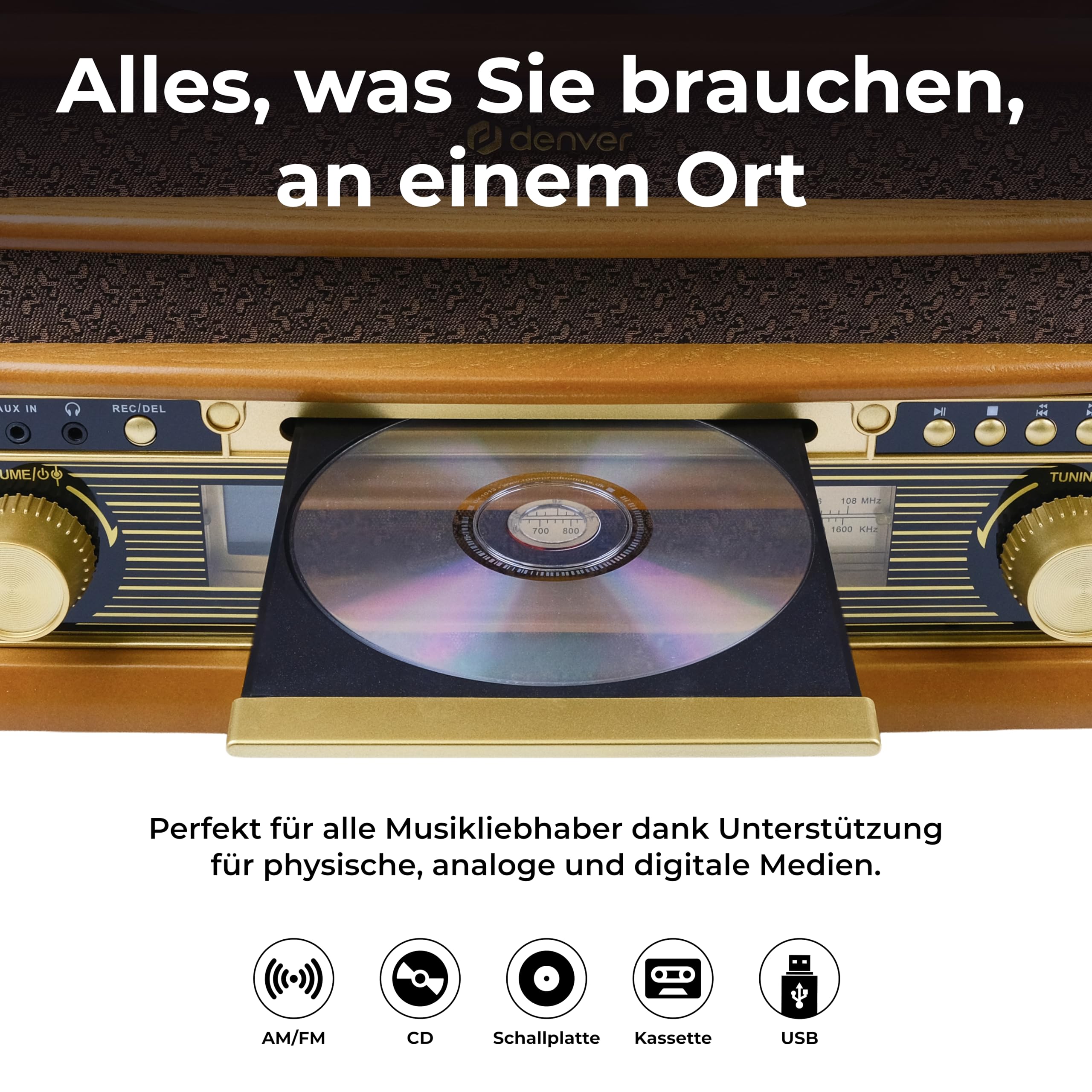 Denver MCR-50 Retro Musikanlage mit Plattenspieler mit Lautsprecher, Braun - Schallplattenspieler mit USB, Kassette & CD Support 4