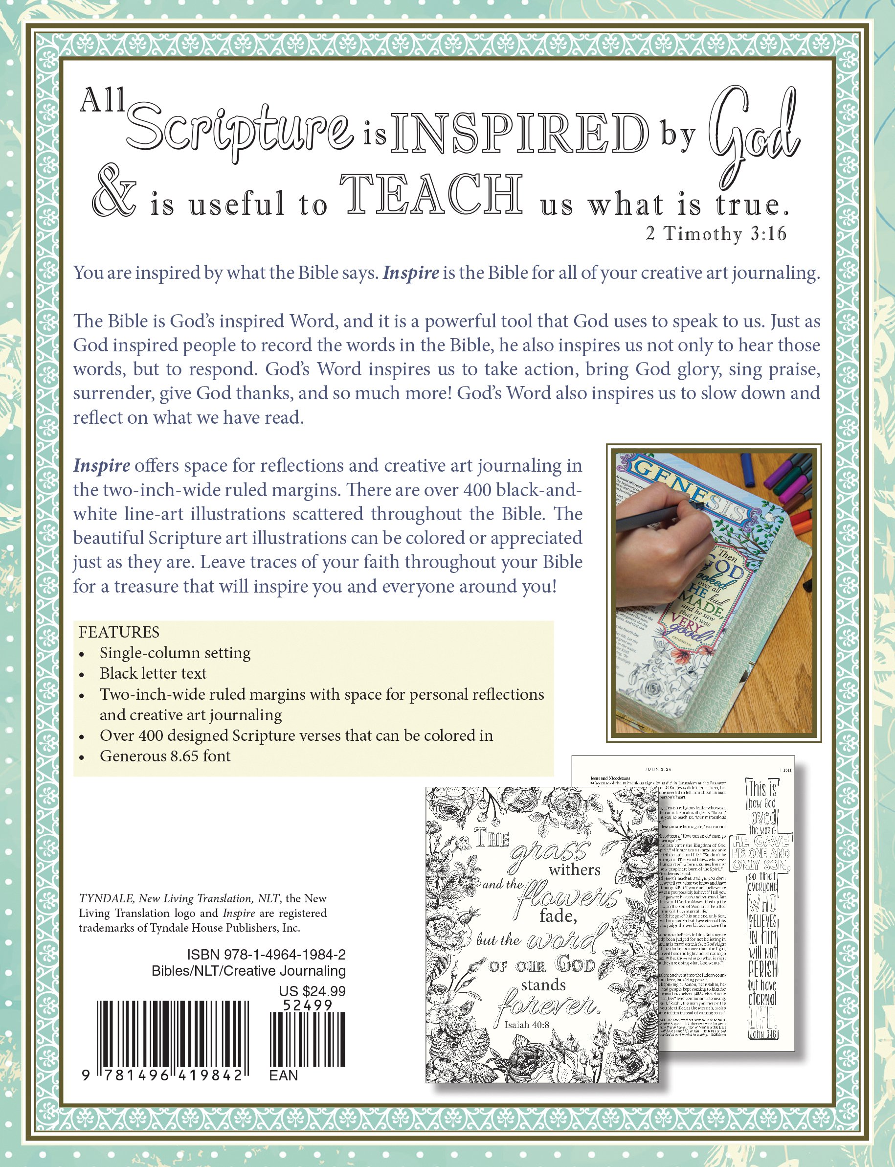 Tyndale NLT Inspire Bible (Hardcover, Aquamarine): Journaling Bible with Over 400 Illustrations to Color, Coloring Bible with Creative Journal Space - Religious Gift that Inspires Connection with God Tyndale NLT Inspire Bible (Hardcover, Aquamarine): Journaling Bible with Over 400 Illustrations to Color, Coloring Bible with Creative Journal Space - Religious Gift that Inspires Connection with God 