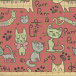Ambesonne Cat Fabric by The Yard, Pattern with Hand