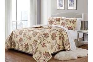 FANCY LINEN Fancy Collection 3 Pc Quilted Bedspread Over Size New (Full/Queen, Beige Rust Green Floral)