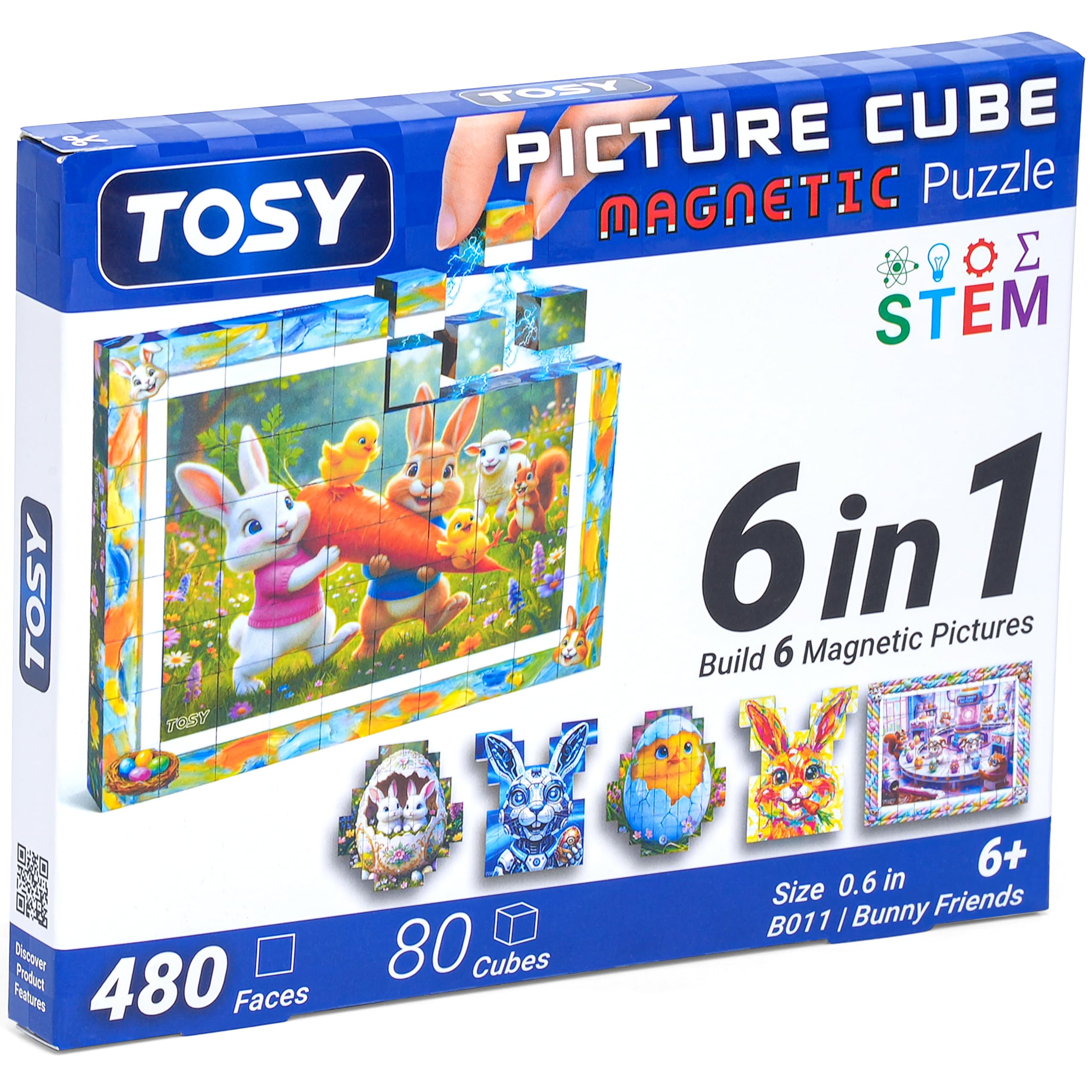 TOSY Picture Cube Bunny Friends: 6-in-1 Magnetic Picture Puzzle, Easter Basket Stuffers STEM Gift for Kids & Adults, 80 Blocks, 488 Faces/Magnets, 0.6in, B011, Seamless UV Art, Display-Ready Frame