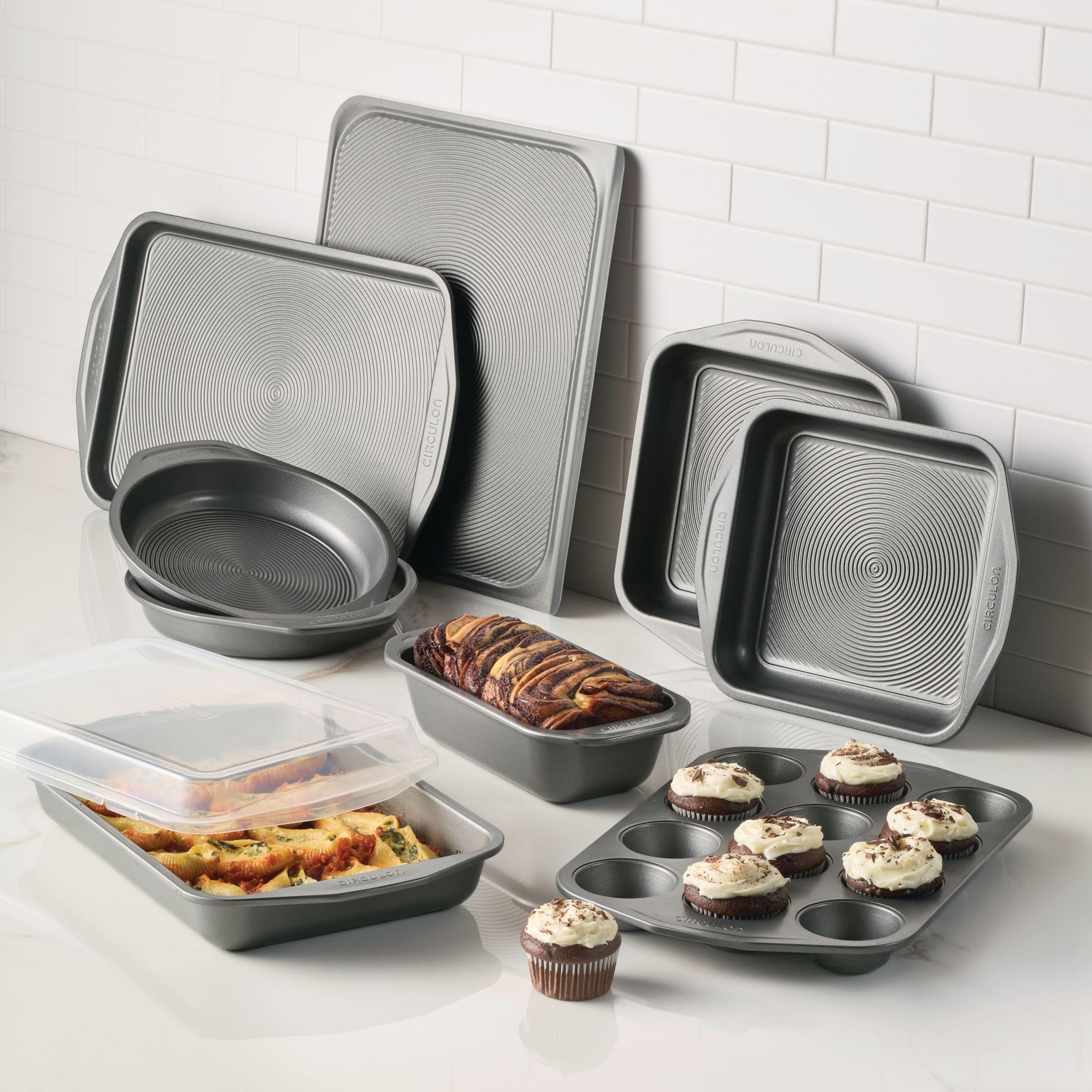 Circulon Total Nonstick Bakeware Set with Nonstick Bread Pan, Cookie Sheet, Baking Pan, Baking Sheet, Cake Pan and Muffin/Cupcake Pan - 10 Piece, Gray