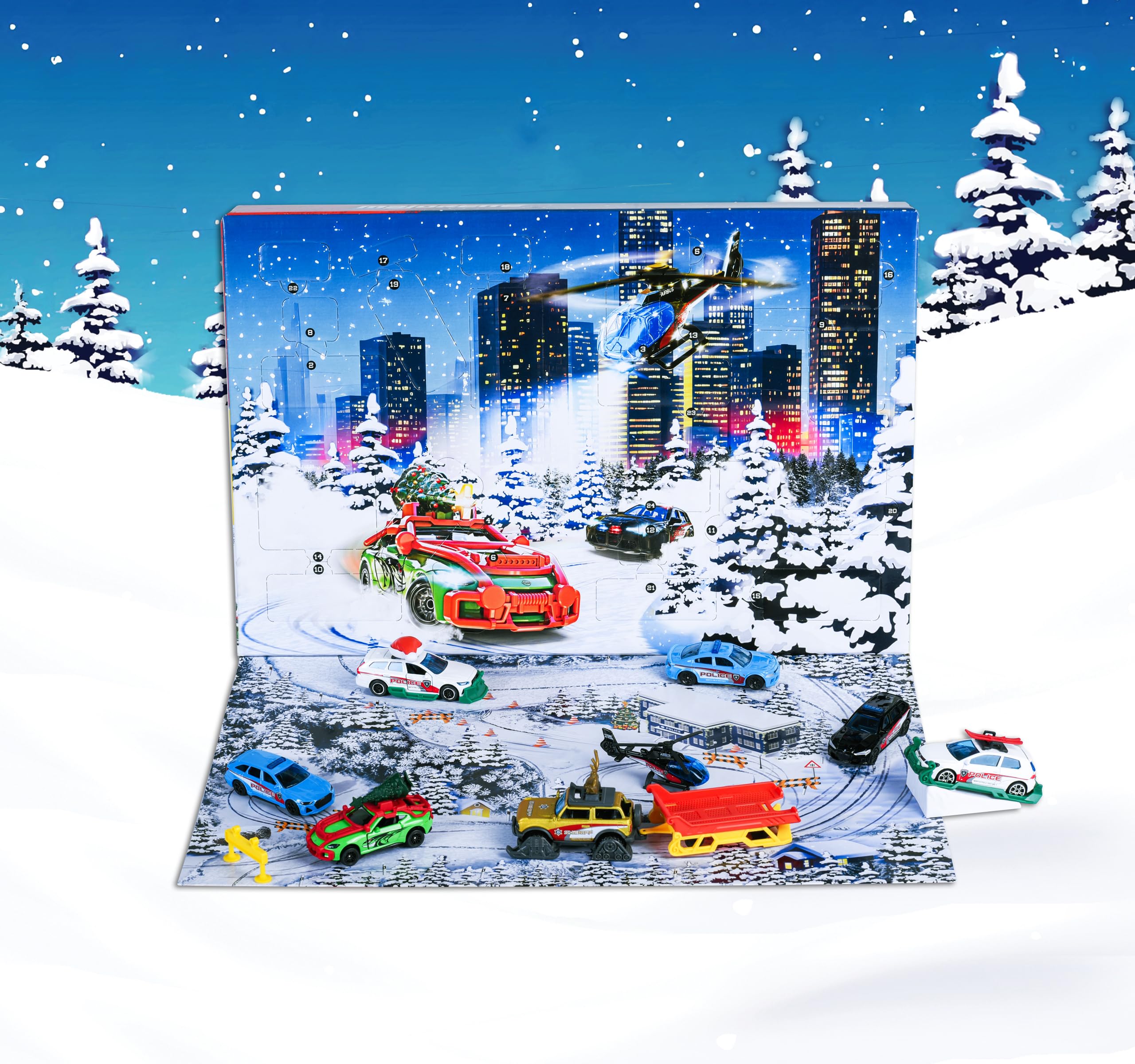Majorette Auto Adventskalender 2025 für Kinder ab 5 Jahre - Weihnachtskalender mit 8 Spielzeugautos aus Metall und 16 Zubehör-Teilen - 24 Fenster mit Spielzeug-Befüllung inkl. Spielfläche 3