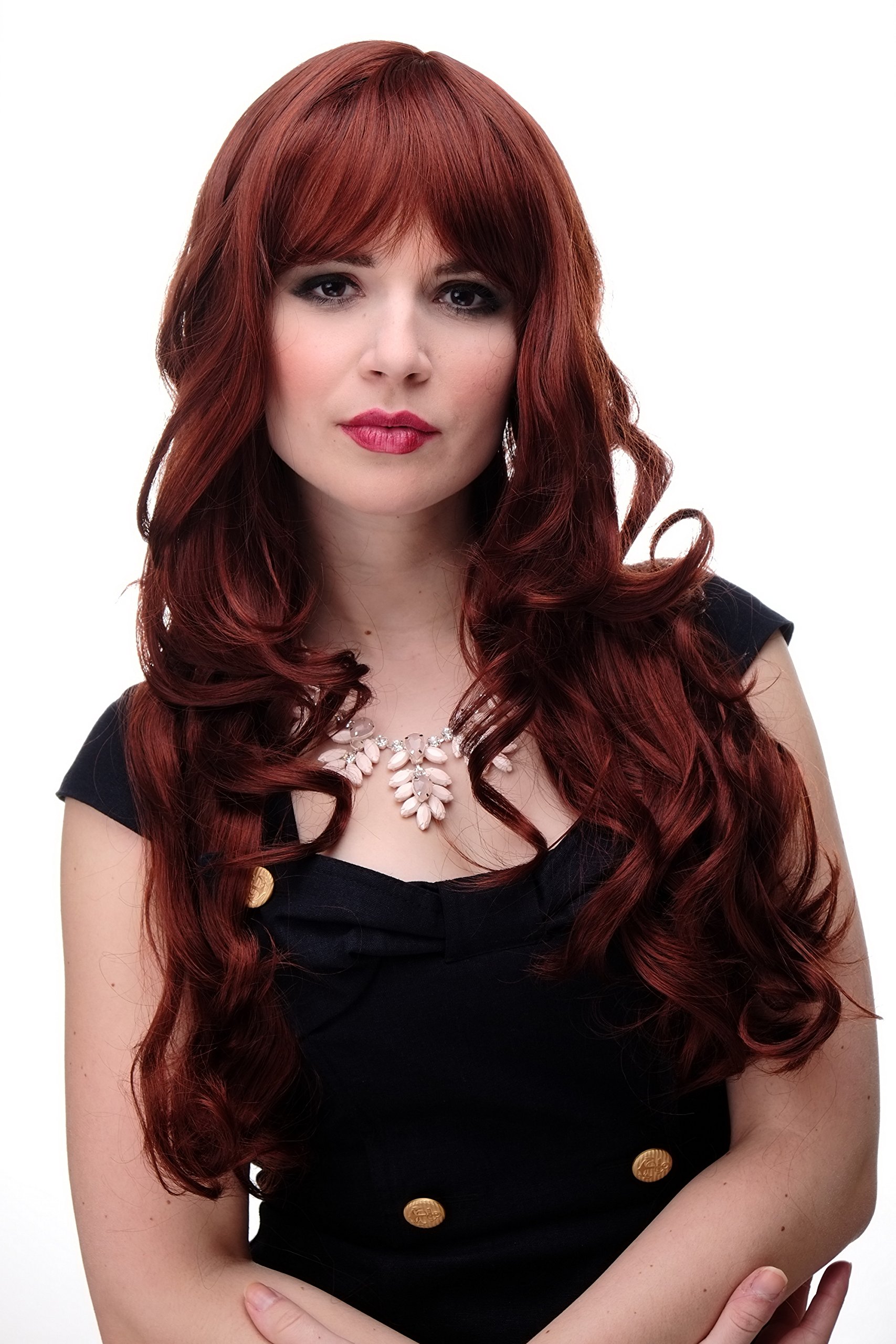 WIG ME UP 285-33A/130 Lady Quality Wig very long beautiful curling ends straight top fringe bangs brown red mix redbrown reddish approx 25inch