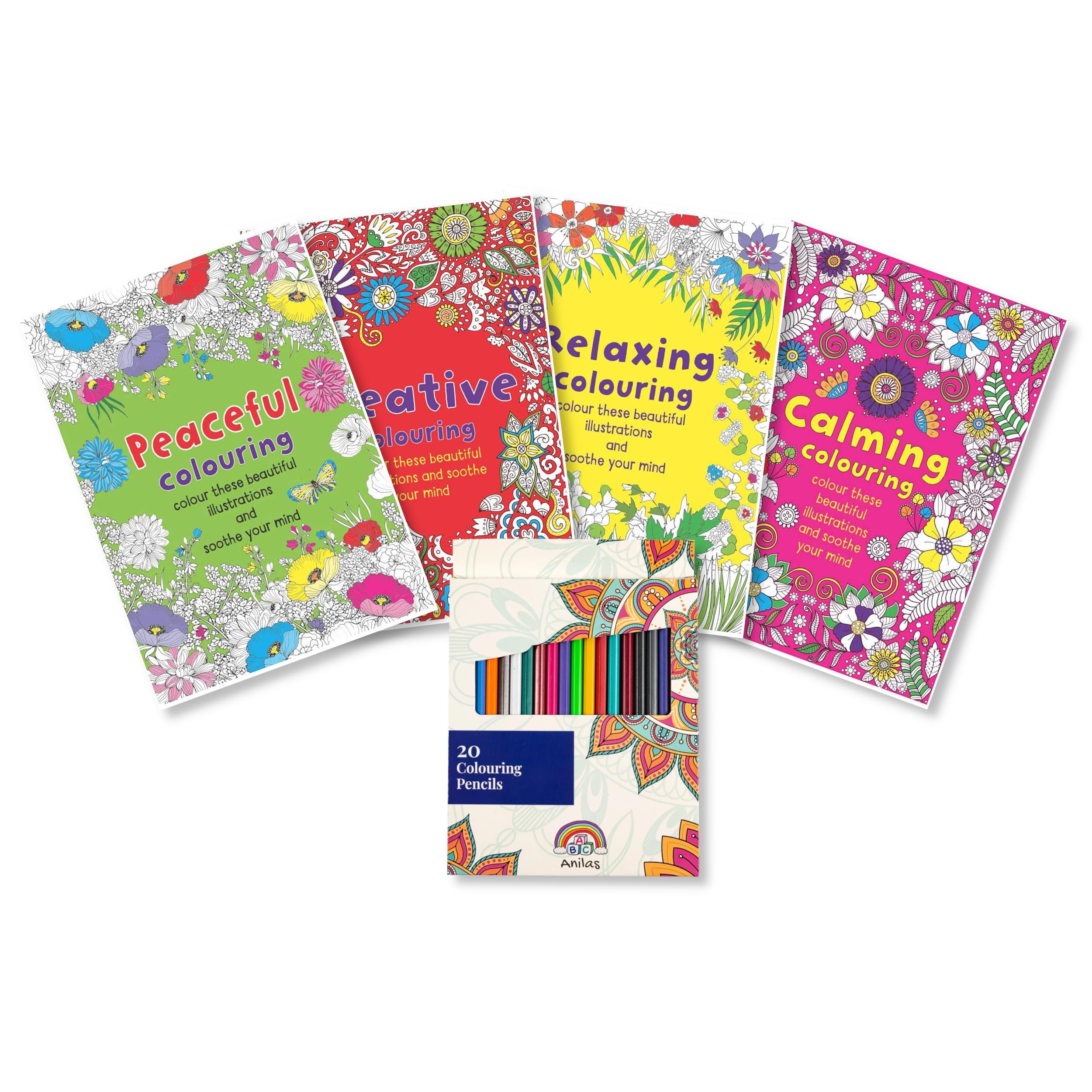 Anila's Set of 4 Relaxing & Soothing Colouring Books with 20 Colouring Pencils, Containing Therapeutic Designs to Inspire a State of Calm & Relaxation to Help Eliminate Stress (SET10)