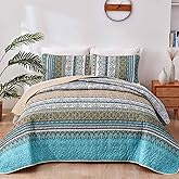 WONGS BEDDING Boho Quilt Set Queen Size Blue Brown, 3 Pieces Striped Bedspread Coverlet Set, Bohemian Soft Lightweight Microfiber for All Season(96"×90")