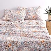 Wake In Cloud - Boho Bed Sheets, 100% Cotton, 4-Piece Sheet Set, Bohemian Hippie Chic Paisley Patterned Aesthetic Bedding, Deep Pocket, Turquoise Orange, Queen Size