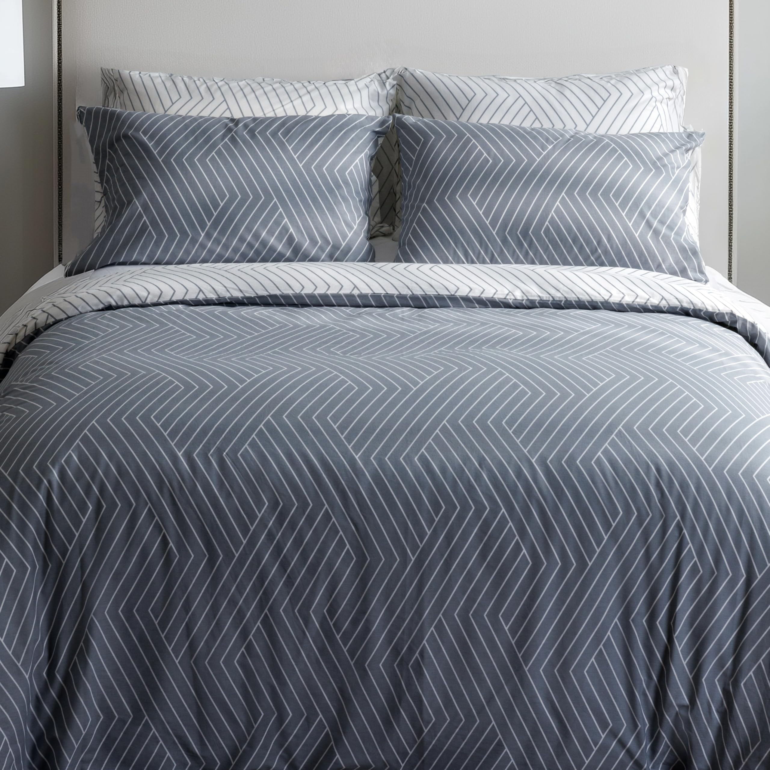 LERUUM Quilt Cover Double Striped Grey and White Bedding Set Boys Double Duvet Covers Set Grey Reversible Cotton Bed Set