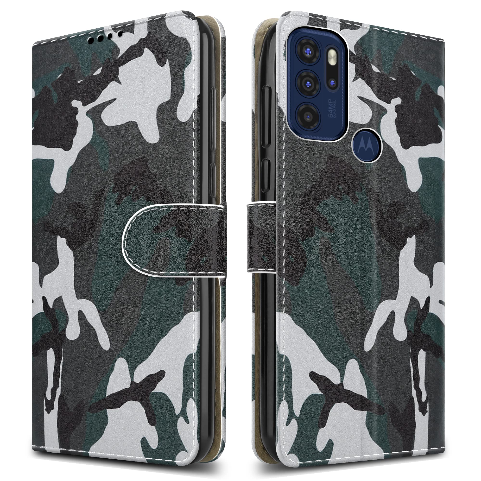 PIXFAB For Motorola Moto G60S Leather Phone Case, Magnetic Closure Full Protection Book Folio Design, Wallet Case Cover [Card Slots] and [Kickstand] For Motorola Moto G60S XT2133 - Camouflage