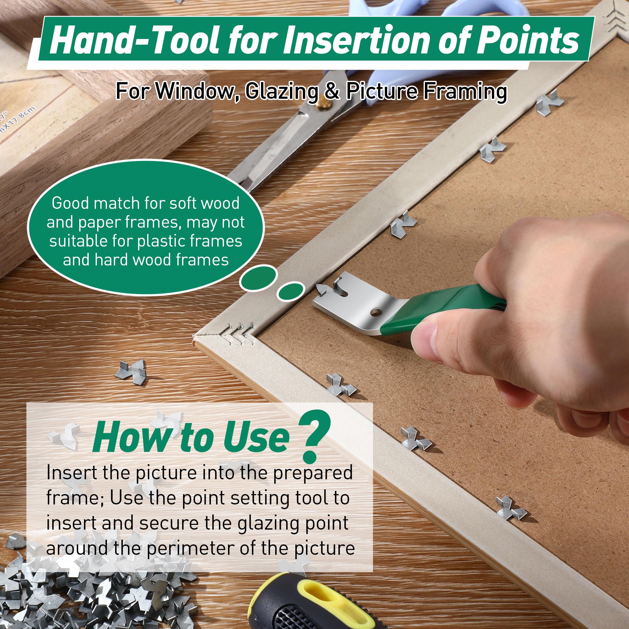 Feekoon Glazier Point Driver, Glazier Setting Tool with 100 Push Points, Glazing Push Point Driver Tool for Framing Glass Picture Cross Stitch(Green)