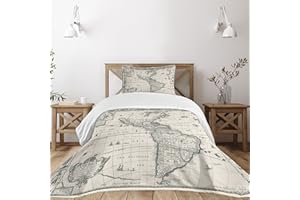Ambesonne World Map Bedspread Set, Antique Map America in 1600s World in Medieval Time Era in Retro Style, 3 Piece Decorative Bedding Coverlet and 2 Pillow Shams, Twin Size, Multicolor