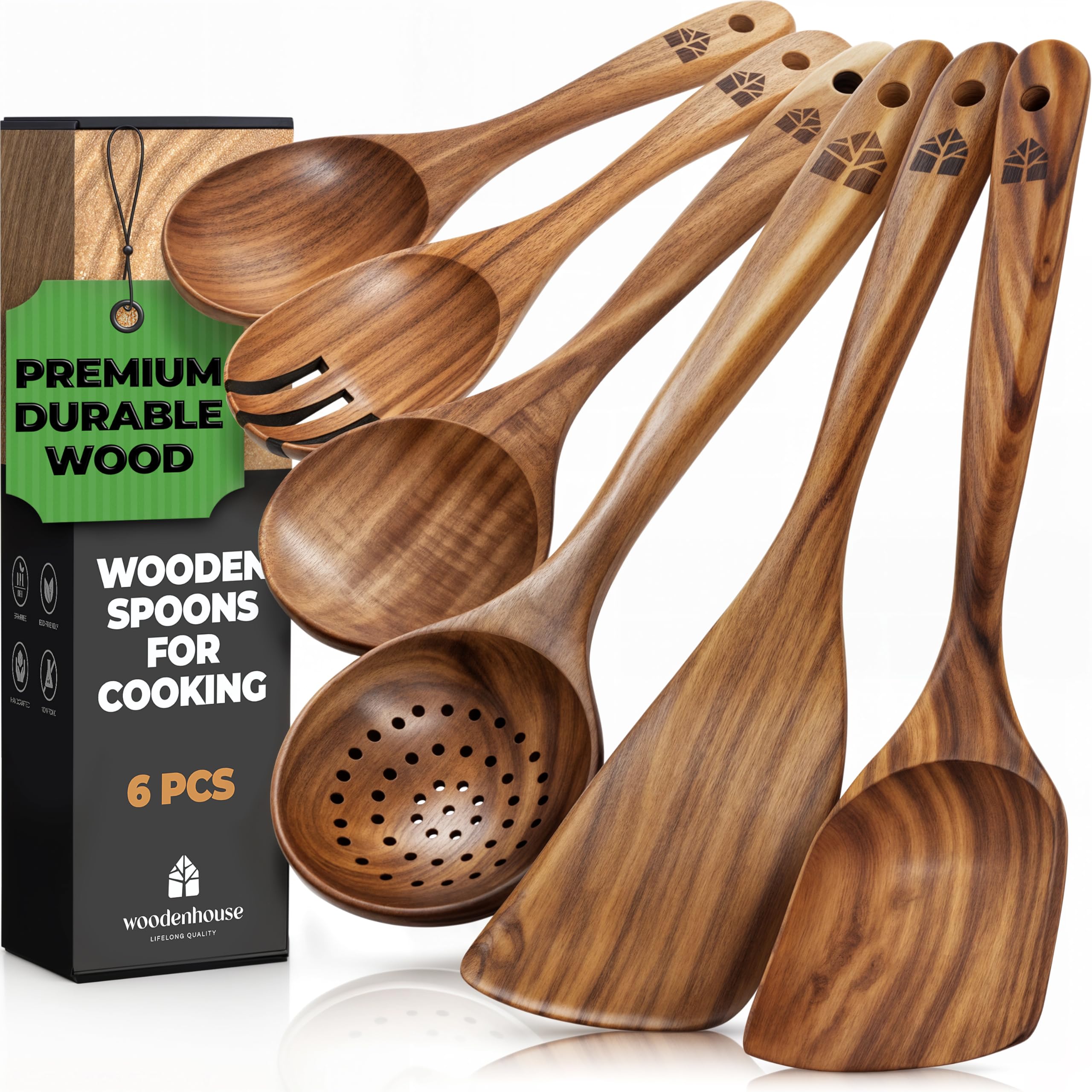 Wooden Utensil Set - 6 Pcs Teak Wooden Spoon Kitchen Utensils Set - Cooking, Mixing, Serving, Slotted Spoons, Salad Fork, Cooking Spatula, Non-Stick & Heat Resistant Kitchen Accessories