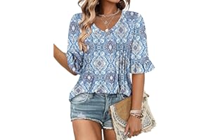 KISSMODA Womens V Neck 3/4 Ruffle Sleeve Tunic Tops Casual Loose Fit Blouse 2026 S-2XL