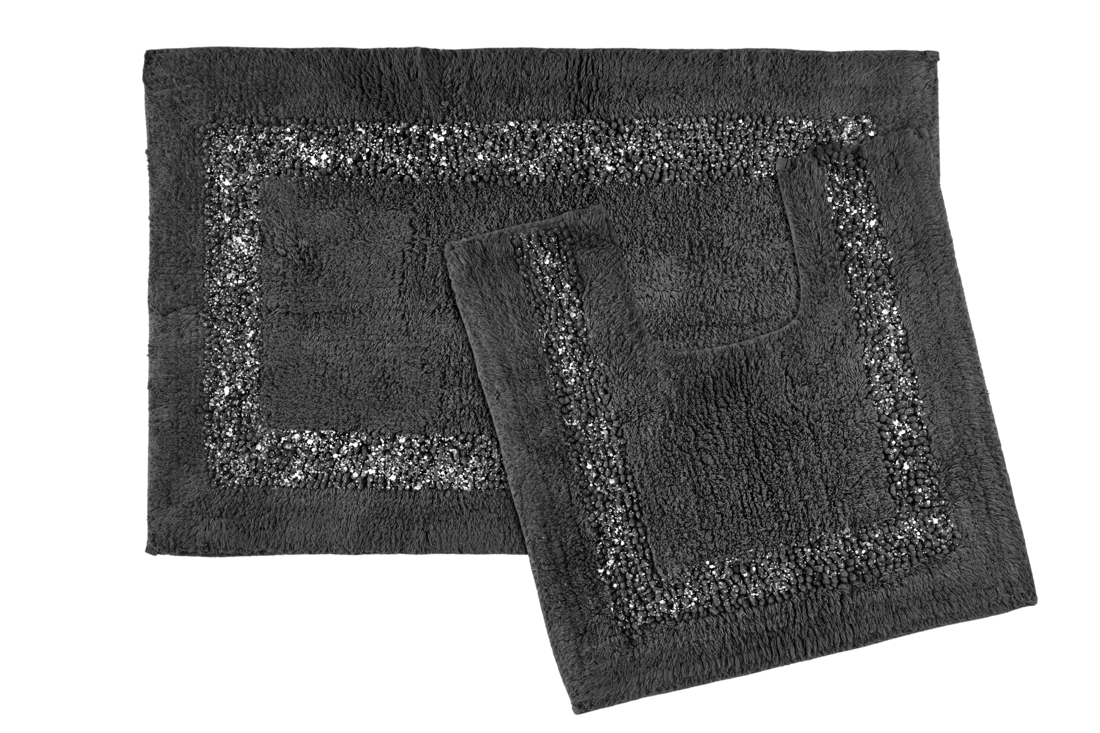 Emma Barclay Diamante Sparkle 100% Cotton Heavyweight 2 Piece Bath Mat & Pedestal Bathroom Toilet Set in Charcoal