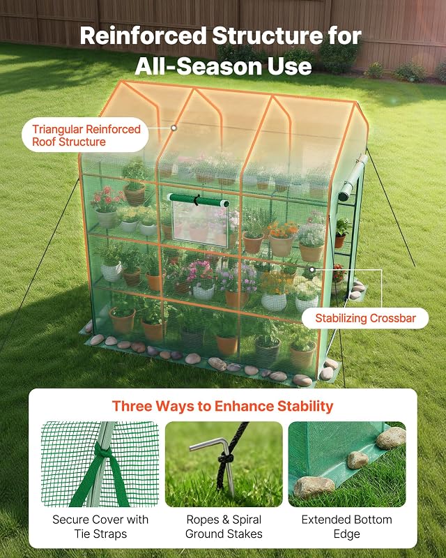 Estufa exterior 137 x 206 x 196 cm, Estufa de jardim com porta enrolável e 2 janelas, prateleiras de 3 níveis, cobertura de PE, viveiro doméstico para plantas, legumes flores, verde