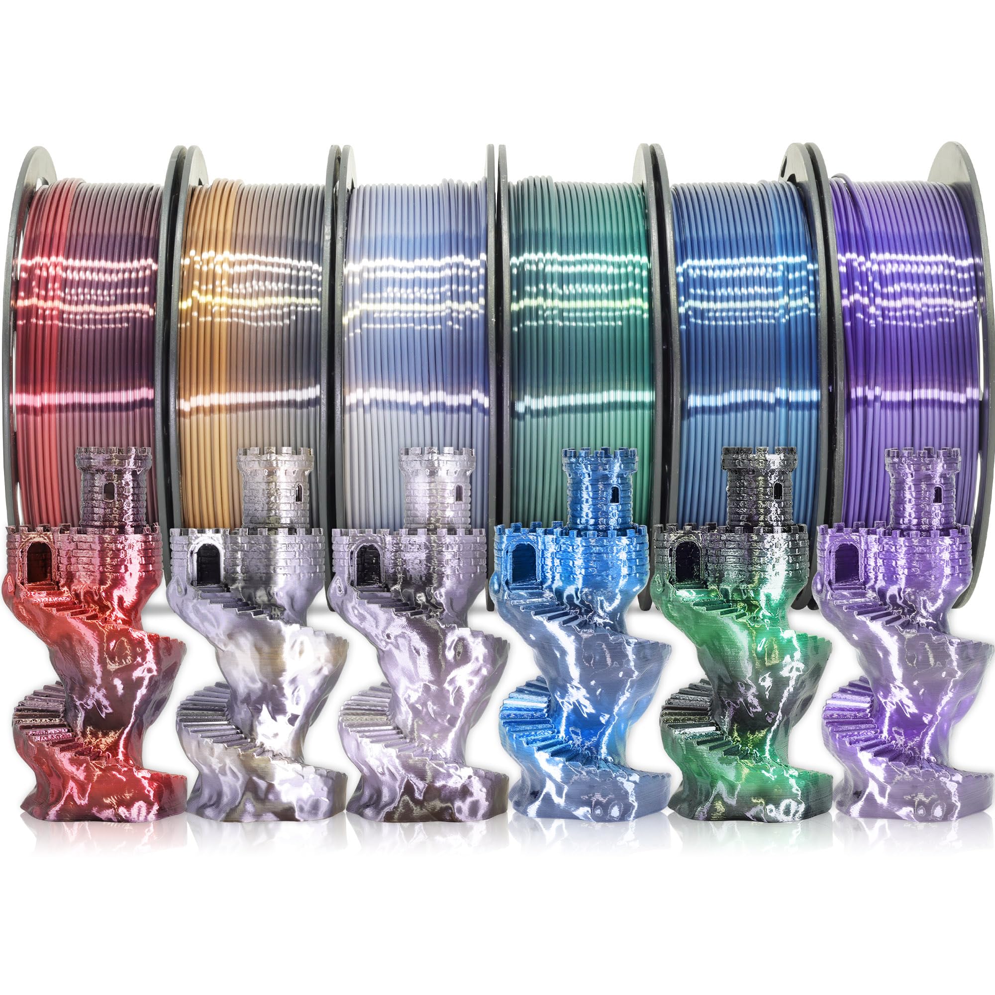 Photo 1 of MIKA3D 6 Spools Fast 2 Color Change Silk PLA 3D Printer Filament Bundle, Silk Black Color Change to White/Red/Orange/Blue/Purple/Green, Each Spool 250g, Total 1.5kg Silk PLA Bundle 250g X 6