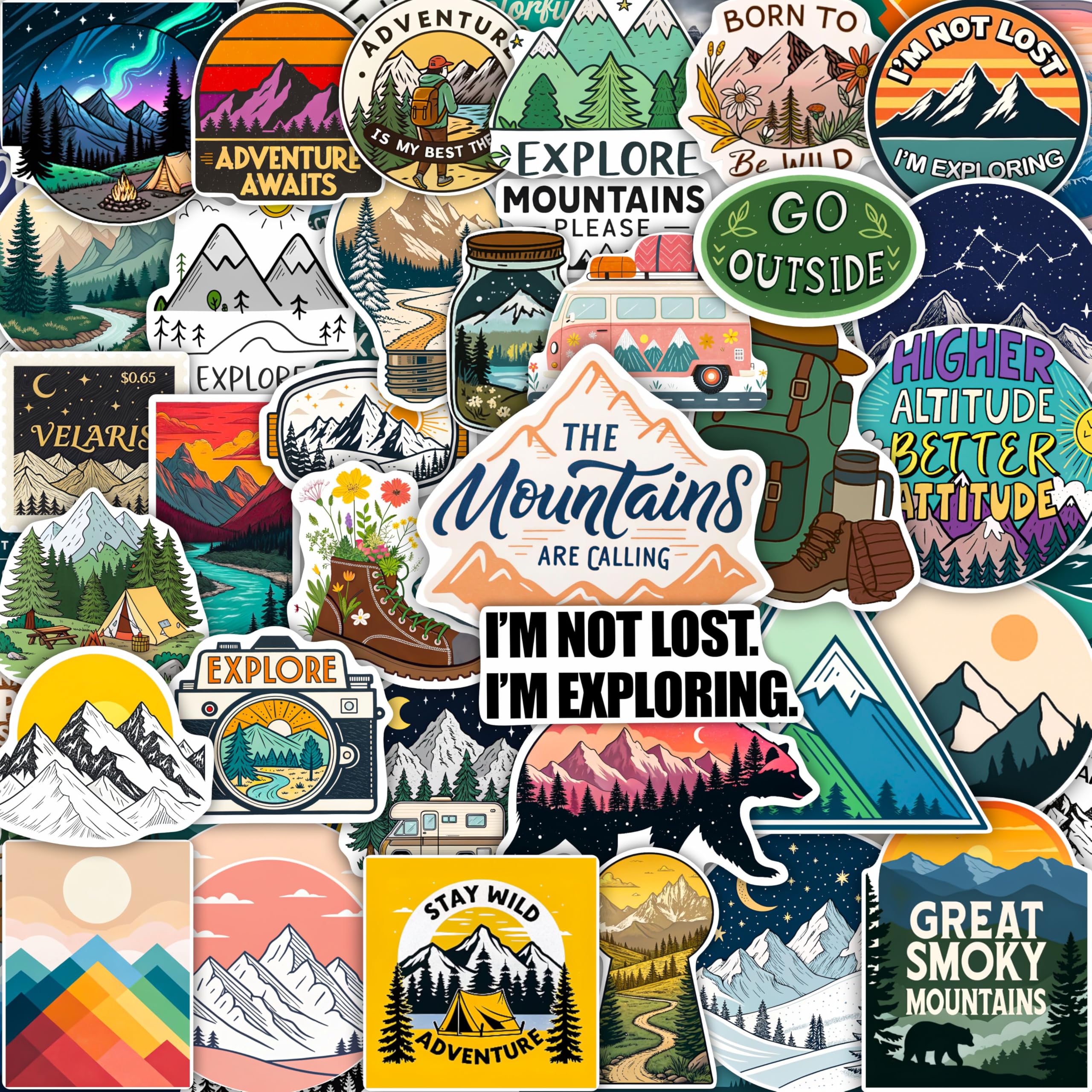 Photo 1 of 100Pcs Mountain Stickers for Scrapbooking, for Water Bottle, Laptop - Mountain Gifts & Party Decorations - Adventure, Camping Stickers, Nature Decals - Gift for Women & Men