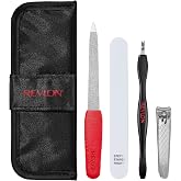 Revlon Manicure Essentials Kit with Travel Case, Black, 4 Count | Manicure set with dual ended cuticle trimmer, curved blade nail clipper, file and buffer in a travel case.