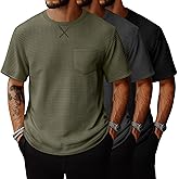 Riyiper 3 Pack Men's Casual Waffle T Shirts Summer Crewneck Short Sleeve Tops Basic Vintage Knit Tee with Pocket