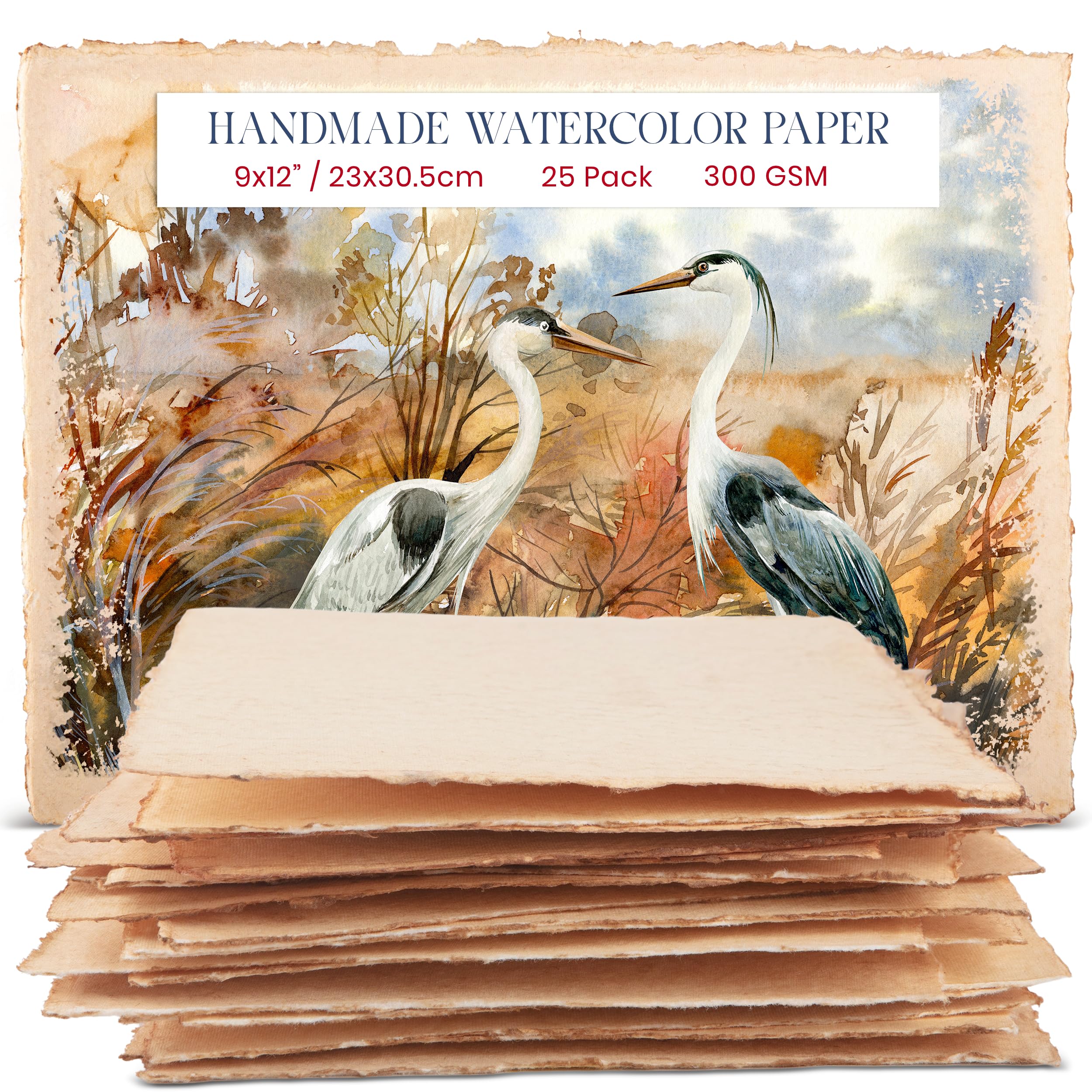 Wanderings Thick Handmade Vintage Watercolor Paper with Deckle Edge - 23x30.5 cm - 300GSM - Premium Antiqued Cold Press Textured Mixed Media Paper Made with Recycled Cotton - 25 Loose Leaf Sheets