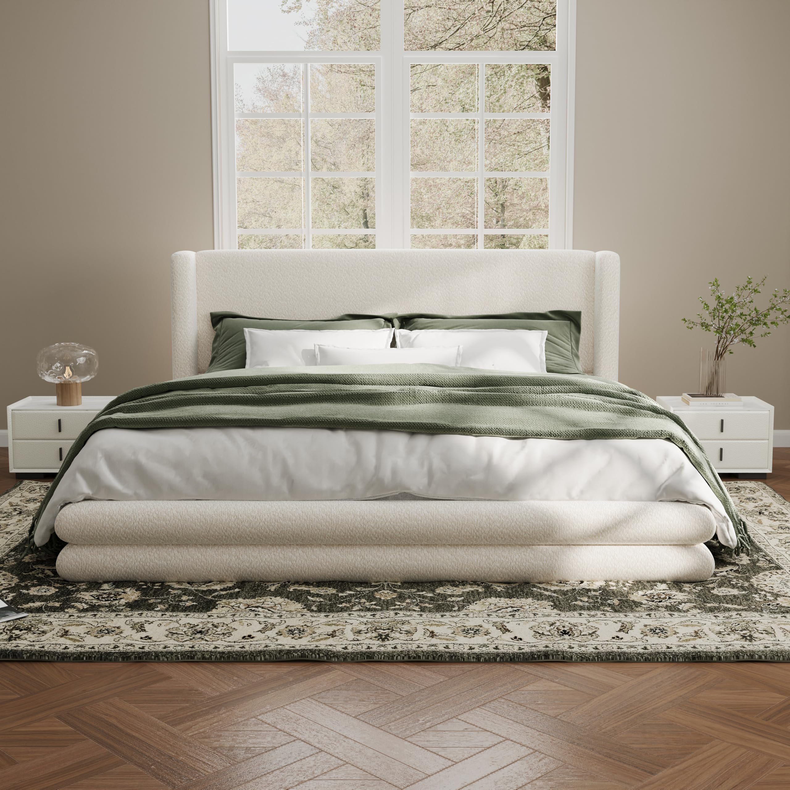 Photo 1 of **MISSING BOX/INCOMPLETE SET***Merax King Size Upholstered Bed Frame with Boucle Thick Headboard, 42.5" Wingback Platform Bed Frame with No Box Spring Needed, White Fabric Modern Bedroom Platform Bed