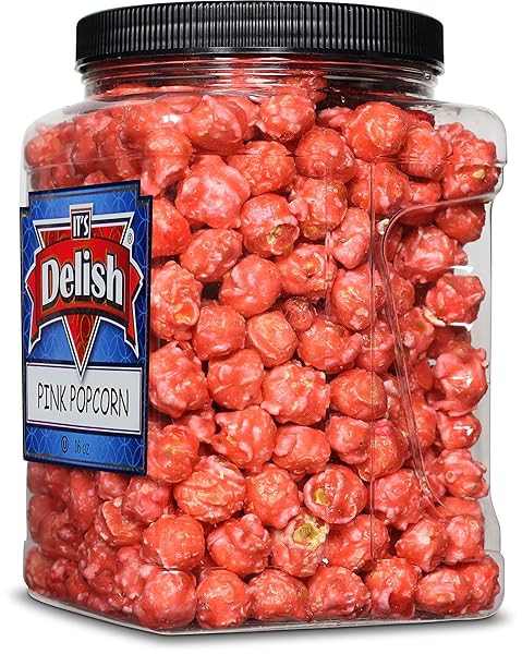 GOURMET PINK STRAWBERRY COLORED POPCORN BY IT’S DELISH, 16 OZ JUMBO CONTAINER | BULK COLORFUL POPCORN SNACK – FRUITY FLAVORED AIR POPPED CORN FUN CONFETTI – GLUTEN FREE, VEGAN, KOSHER, 1 COUNT