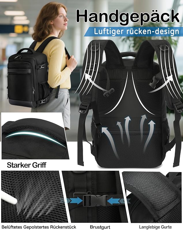 Handgepäck Rucksack 40x30x20 cm Travelite Reiserucksack 24L für Ryanair EasyJet Eurowings Flugreisen 15,6 Zoll Laptop, Schwarz