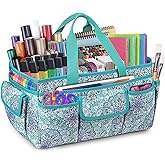 FINPAC Large Craft Storage Tote Bag with Multiple Pockets, Scrapbooking Carrying Case Storage Caddy with Handle for Sewing, Art, Desktop, Baby Care Supplies (Emerald Illusions)