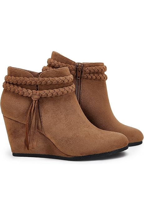 Amazon.com | Fashare Womens Wedge Booties Ankle Heels Boots Bow Knot  Stacked Heeled Winter Dress Shoes Camel | Ankle u0026 Bootie