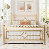 Allewie Queen Size Metal Platform Bed Frame, Victorian Headboard, Gold | Heavy Duty Metal Slats Support, Mattress Foundation, Under Bed Storage, No Box Spring Needed, Noise-Free, Easy Assembly