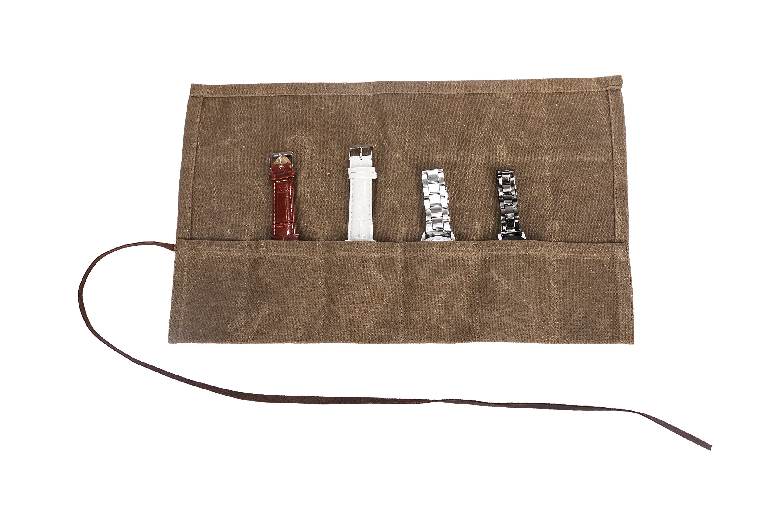 Waxed Canvas Watch Roll Handmade Waterproof Multi-Purpose Travel Case Watch Roll-up Organizer Holds 6 Wristwatches Best Gift for Him Her Boyfriend Girlfriend Mom Dad Wife & Husband HGJ03-I