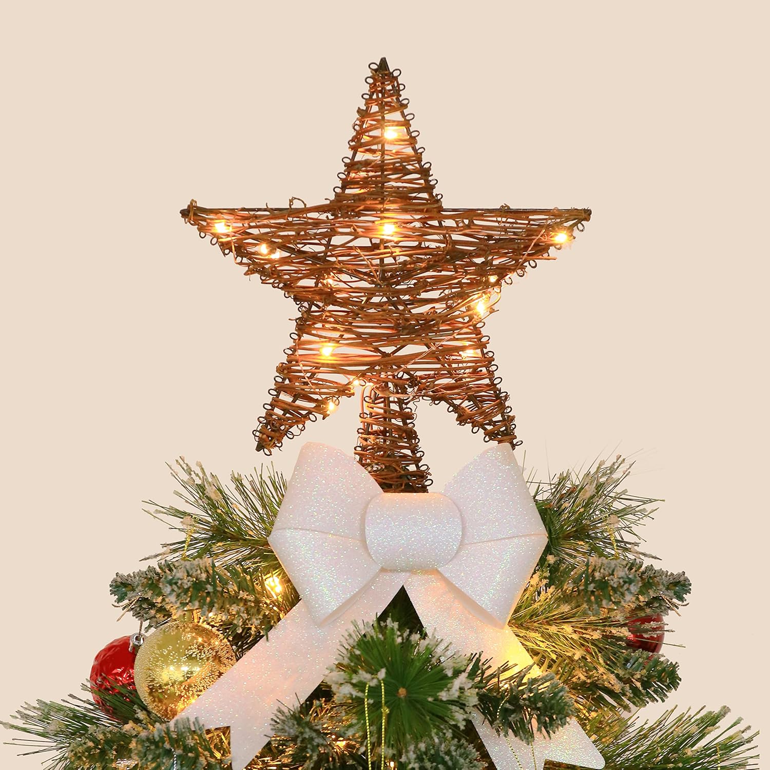 Tree Toppers - Christmas Tree Topper,Lighted Rattan Star Tree Topper with 15 LED Lights for Christmas Tree and Holiday Seasonal Decoration (Thin)