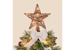 YOMIKOO Christmas Tree Topper,Lighted Rattan Star Tree Topper with 15 LED Lights for Christmas Tree and Holiday Seasonal Decoration (Thin)