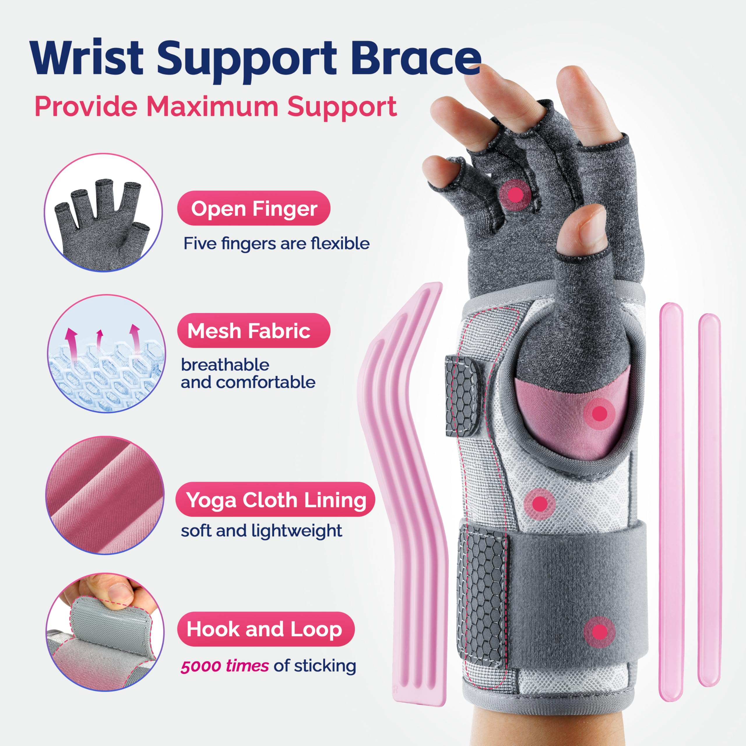 FEATOL Compression Arthritis Glove with Wrist Brace, Comfortable Fingerless Carpal Tunnel Hand Gloves for Women Night Support, Pain Relief for Rheumatoid Arthritis, Work, Typing - Right Hand, Medium
