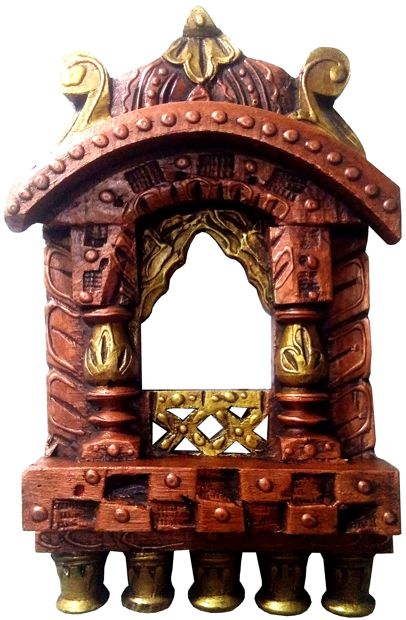 Purpledip Wooden Wall Hanging 'Jharokha - Royal Palace Window': Vintage Showpiece, Copper (11808)
