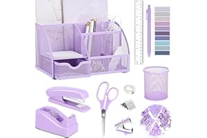 SCINDALY Purple Office Desk Accessories Supplies, 12pcs Desk Organizers and Accessories with Tape dispenser and Stapler,Staples,Staple Remover,Pen Holder,Scissor,Ruler,Sticky Tabs,Tape,Ballpoint Pen,Clips Set