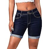 roswear Women's Mid Rise Skinny Butt Lifting Stretchy Bermuda Jeans Shorts